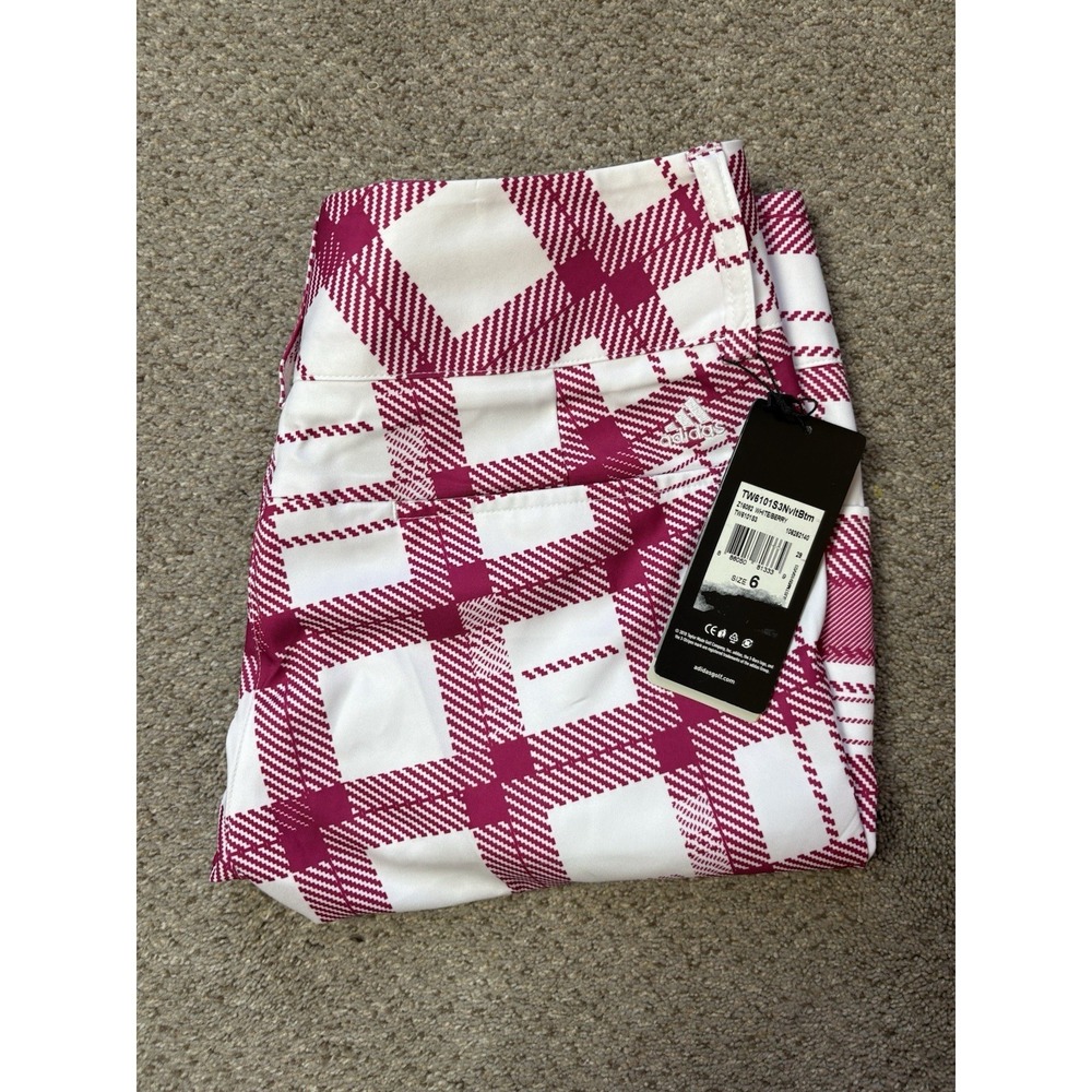 New ADIDAS Women's Size 6 Pink & White Plaid ClimaLite Bermuda Long Golf Shorts